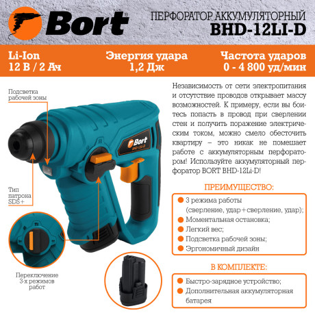 Перфоратор аккумуляторный BORT BHD-12Li-D (2x2,0Ah)