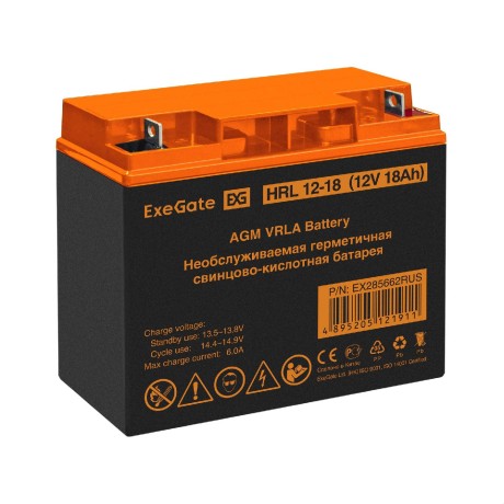 Батарея аккумуляторная EXEGATE HRL 12-18 (12V 18Ah, клеммы F3 (болт М5 с гайкой))