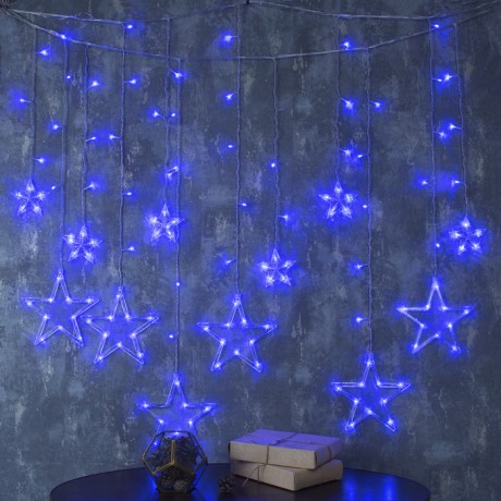 Гирлянда «Бахрома» 2.4 × 0.9 м с насадками «Звёзды», IP20, прозрачная нить, 138 LED, свечение синее, 8 режимов, 220 В