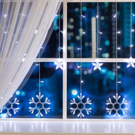 Гирлянда «Бахрома» 2.4 × 0.9 м с насадками «Снежинки», IP20, прозрачная нить, 150 LED, свечение белое, 8 режимов, 220 В